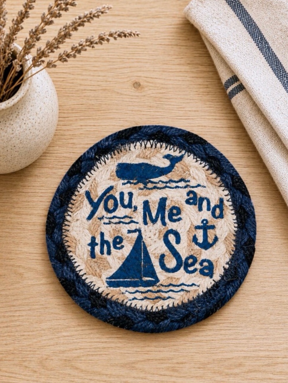 Me and the Sea Braided Jute Coaster 5" Coastal Nautical NWT
